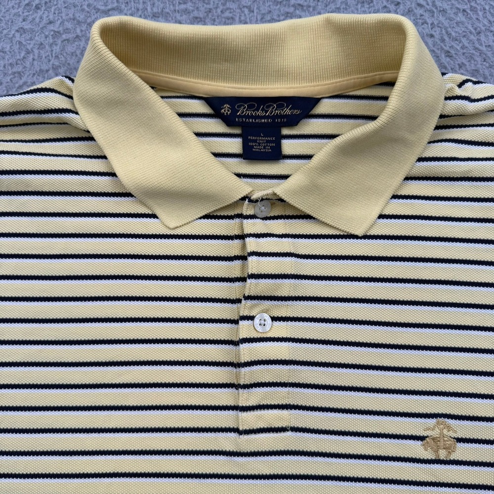 Brooks Brothers Polo Shirt Men Large Yellow Striped Performance Knit Short Golf